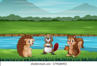 Many animal standing by the river