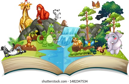 Many animals by the waterfall illustration