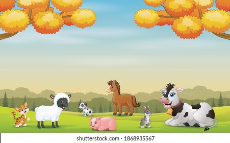 Many animals farm enjoying outdoors in autumn