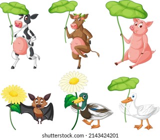 Many animals having big leaf illustration