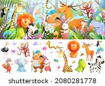 Many animals in jungle adventure expedition. Bear, lion rabbit and others hiking in forest, hiding in bushes. Isolated animals clipart kids storytelling and games. Watercolor style vector.