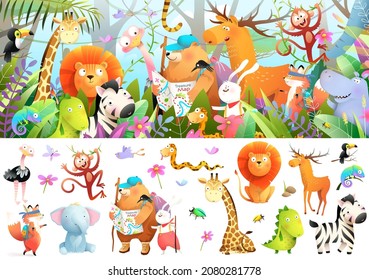 Many animals in jungle adventure expedition. Bear, lion rabbit and others hiking in forest, hiding in bushes. Isolated animals clipart kids storytelling and games. Watercolor style vector.