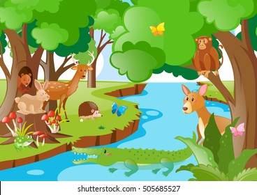 Many animals living by the river illustration