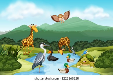 Many animals in nature illustration