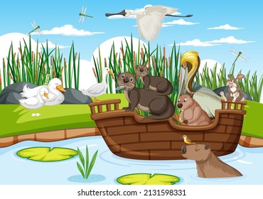 Many animals on the boat illustration