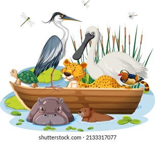 Many animals on the boat illustration