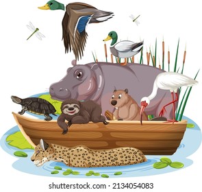 Many animals on the boat illustration