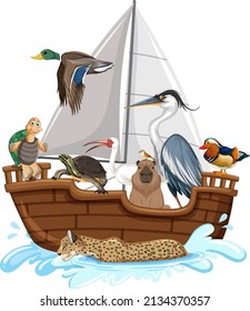 Many animals on the boat illustration