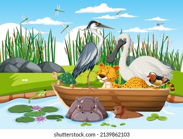 Many animals on the boat illustration