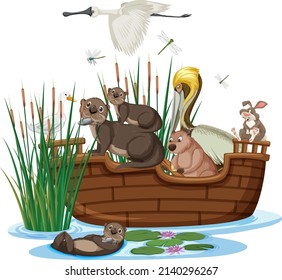 Many animals on the boat illustration