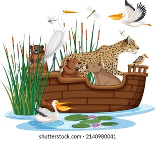 Many animals on the boat illustration