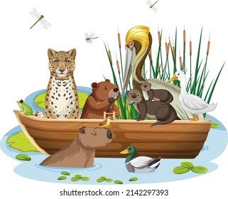 Many animals on the boat illustration