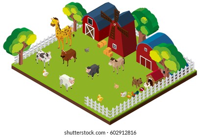 Many animals on the farm in 3D design illustration