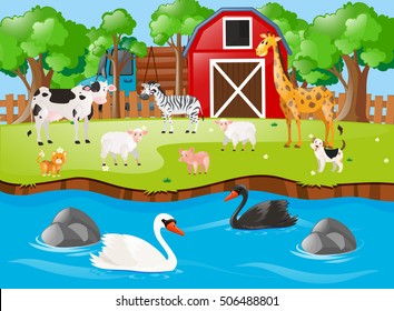 Many animals on the farmyard illustration