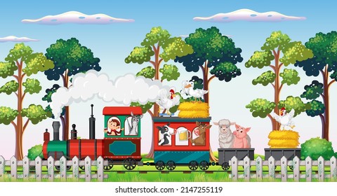 Many animals on the train illustration