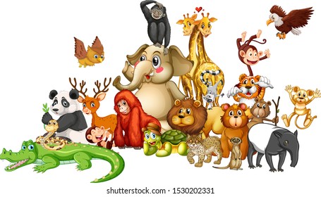 Many animals on white background illustration