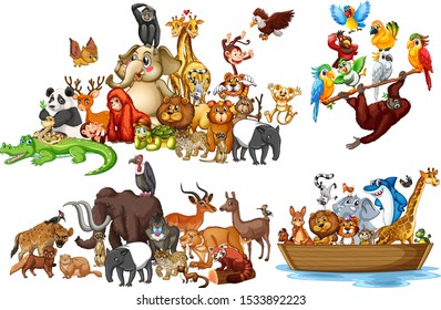 Many animals on white background illustration