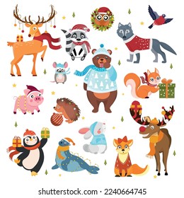 Many animals on white background. Christmas celebration