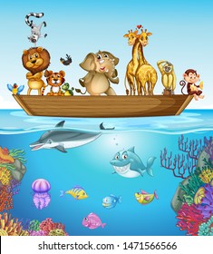 Many animals on the wooden boat illustration