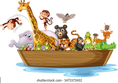 Many animals on wooden boat illustration