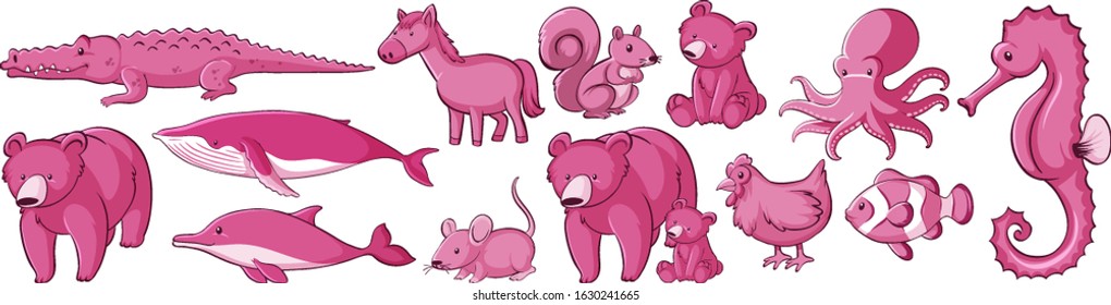 Many animals in pink color illustration