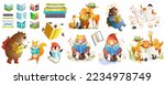 Many animals reading books or study collection. Cute reading or studying clipart collection for kids. Woodland animals library bundle, clever characters for children. Vector cartoon illustration set.