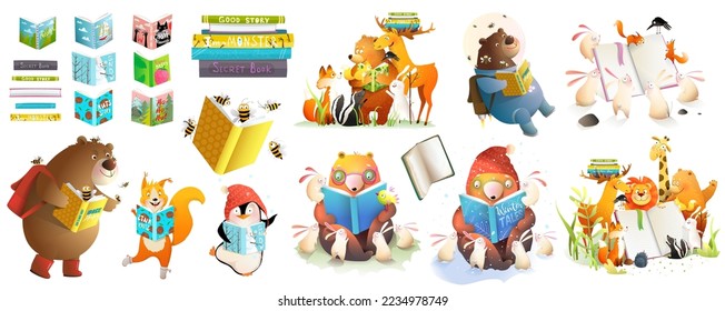 Many animals reading books or study collection. Cute reading or studying clipart collection for kids. Woodland animals library bundle, clever characters for children. Vector cartoon illustration set.