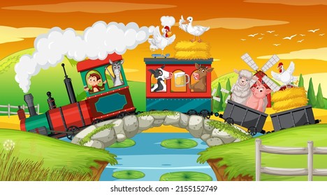 Many animals riding on train in countryside illustration