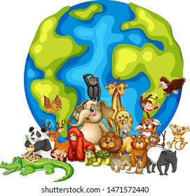 Many animals round the world on white background illustration