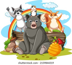 Many animals sitting by the log illustration