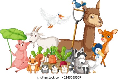 Many animals sitting by vegetable garden illustration