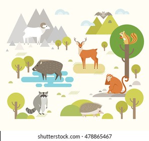 Many animals that live in the forest. flat design vector illustration