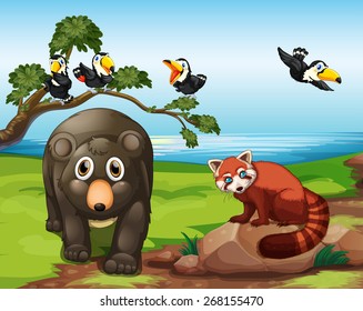 Many animals together by the lake