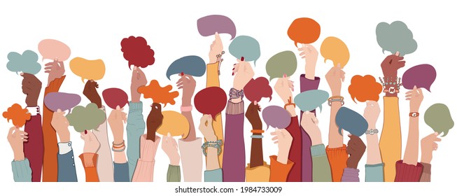 Many arms and hands holding speech bubble. Agreement or affair between a group of multiethnic colleagues or collaborators.Diversity People who sharing information.Co-workers.Community