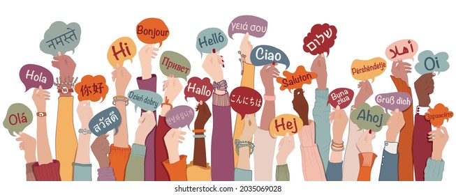 Many arms raised of diverse and multi-ethnic people holding speech bubbles with text -hallo- in various international languages. Diversity people.Racial equality.Sharing and collaboration