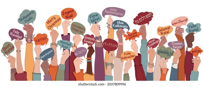 Many arms raised of diverse and multi-ethnic people holding speech bubbles with text -Merry Christmas- in various international languages. People diversity. Christmas greetings. Equality