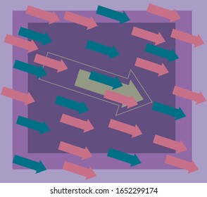 Viele Pfeile befinden sich diagonal und nach unten gerichtet. Hinter den Objekten eine Konturfigur und Quadrate.