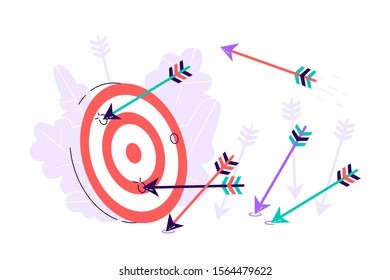 Many arrows missed hitting target mark. Shot miss. Multiple failed inaccurate attempts to hit archery target. Business challenge failure metaphor.Flat style cartoon isolated vector object illustration