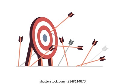Many arrows missed hitting the target mark and business challenge failure metaphor flat vector illustration.
