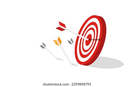 Many arrows missed hitting target mark. Shot miss. Multiple failed inaccurate attempts to hit archery target. Business challenge failure metaphor. Flat cartoon isolated vector object illustration