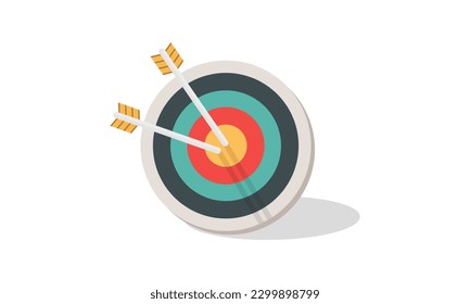 Many arrows missed hitting target mark. Shot miss. Multiple failed inaccurate attempts to hit archery target. Business challenge failure metaphor. Flat cartoon isolated vector object illustration