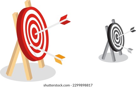 Many arrows missed hitting target mark. Shot miss. Multiple failed inaccurate attempts to hit archery target. Business challenge failure metaphor. Flat cartoon isolated vector object illustration