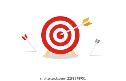 Many arrows missed hitting target mark. Shot miss. Multiple failed inaccurate attempts to hit archery target. Business challenge failure metaphor. Flat cartoon isolated vector object illustration