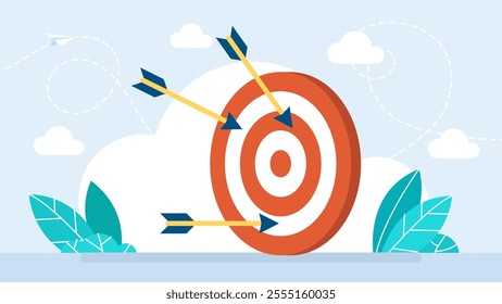 Many arrows missed hitting target mark. Multiple arrow missed hitting target. Multiple failed inaccurate attempts to hit archery target. Business challenge failure metaphor. Vector illustration