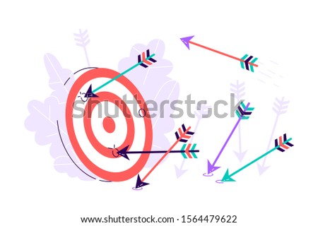Many arrows missed hitting target mark. Shot miss. Multiple failed inaccurate attempts to hit archery target. Business challenge failure metaphor.Flat style cartoon isolated vector object illustration