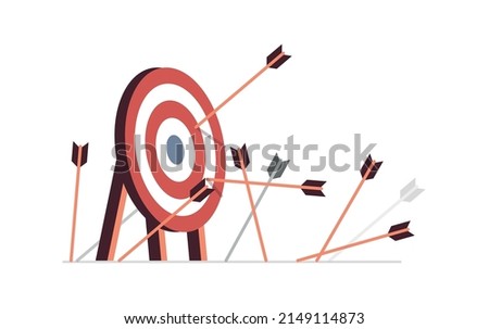 Many arrows missed hitting the target mark and business challenge failure metaphor flat vector illustration.