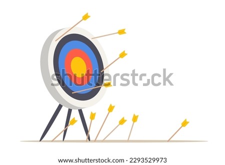 Many arrows missed hitting target mark. Shot miss. Business challenge failure metaphor. Multiple unsuccessful attempts to hit an archery target. Isolated flat vector illustration.