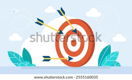 Many arrows missed hitting target mark. Multiple arrow missed hitting target. Multiple failed inaccurate attempts to hit archery target. Business challenge failure metaphor. Vector illustration
