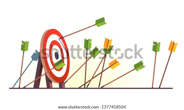 Many arrows missed hitting target mark. Shot miss.\
Multiple failed inaccurate attempts to hit archery target. Business\
challenge failure metaphor. Flat cartoon isolated vector object\
illustration 