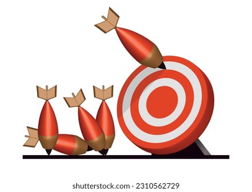 Many arrows missed the target mark. Missing shot. Several inaccurate failed attempts to hit the archery target. Business challenge failure metaphor. 3d illustration.